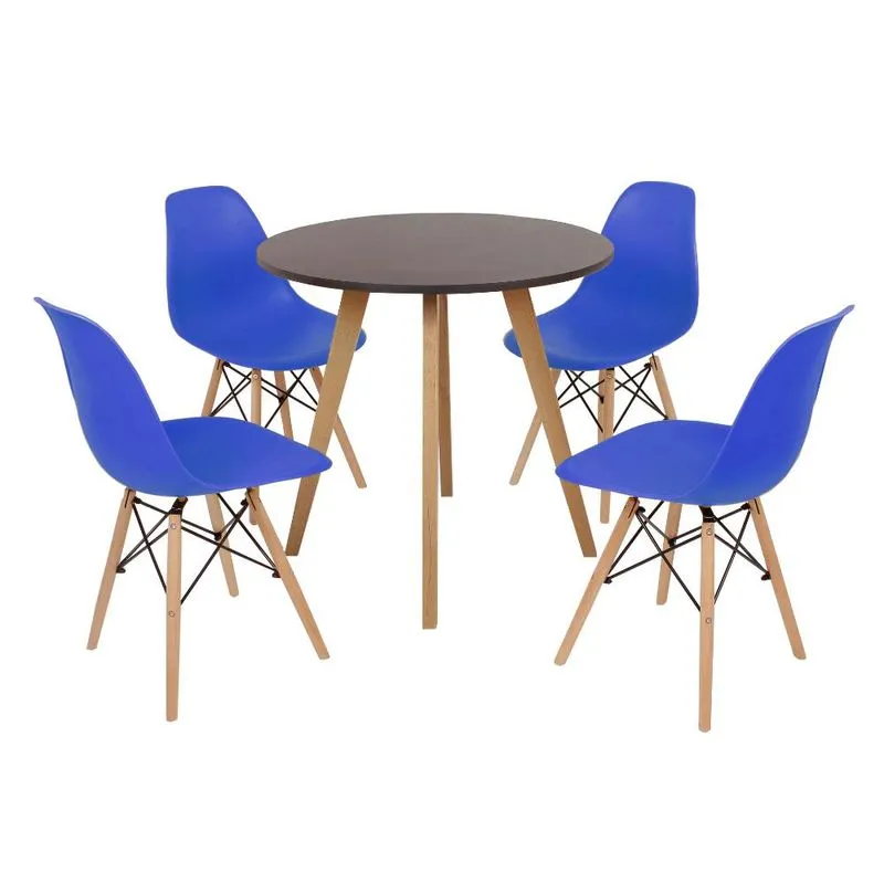 Mesa Inês 80cm Preta + 4 Cadeiras Eames Eiffel - Azul