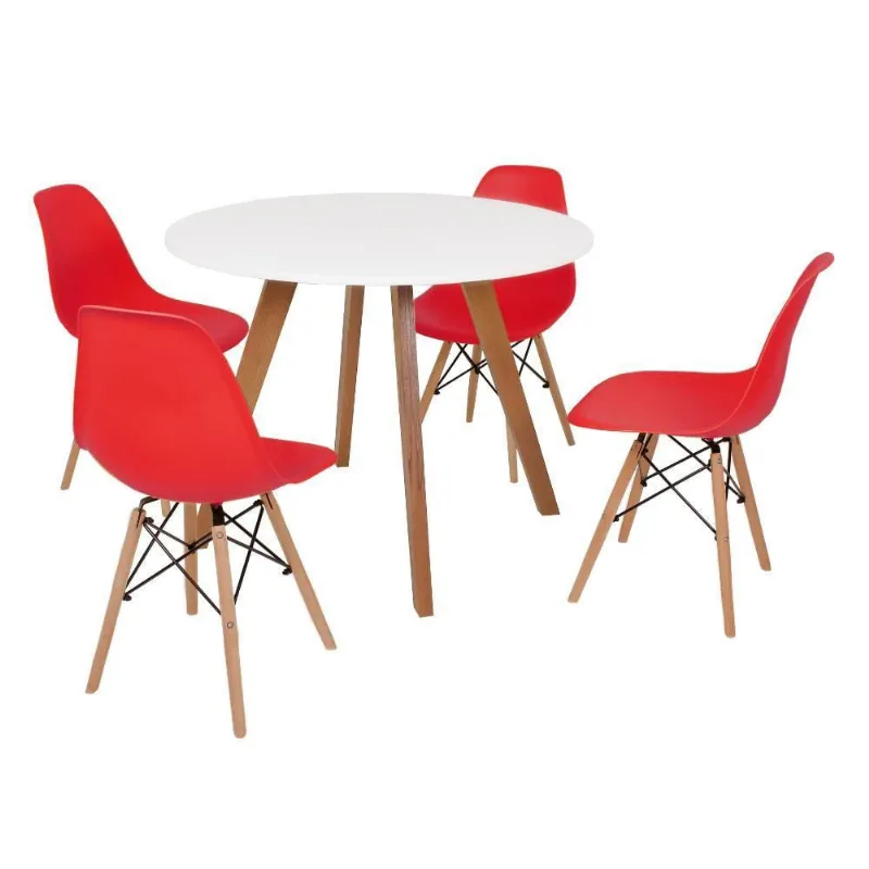 Mesa Inês 100cm Branca com 4 Cadeiras Eames Eiffel Vermelha