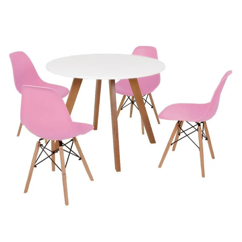 Mesa Inês 100cm Branca com 4 Cadeiras Eames Eiffel Rosa