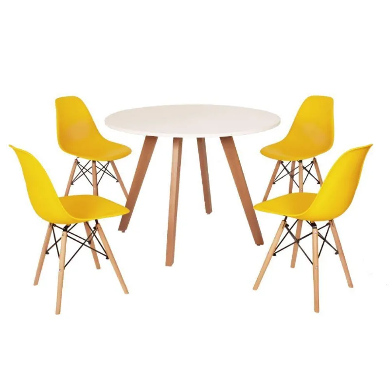Mesa Inês 100cm Branca + 4 Cadeiras Eames Eiffel Amarela