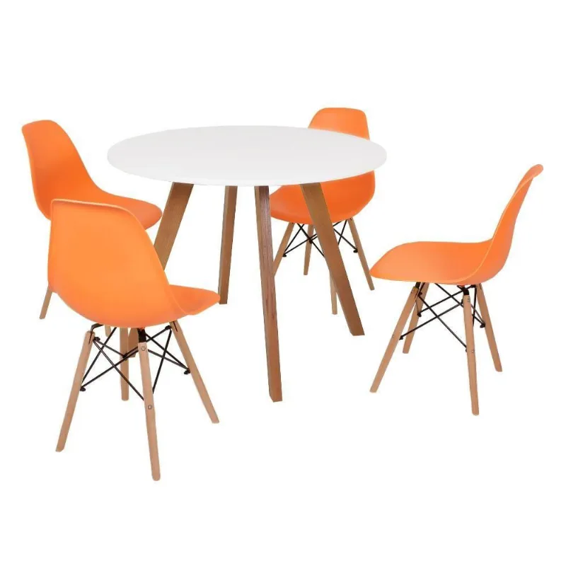 Mesa Inês 100cm Branca com 4 Cadeiras Eames Eiffel Laranja