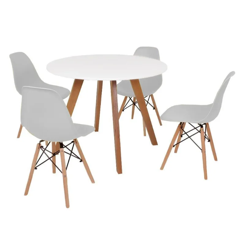 Mesa Inês 100cm Branca com 4 Cadeiras Eames Eiffel Cinza