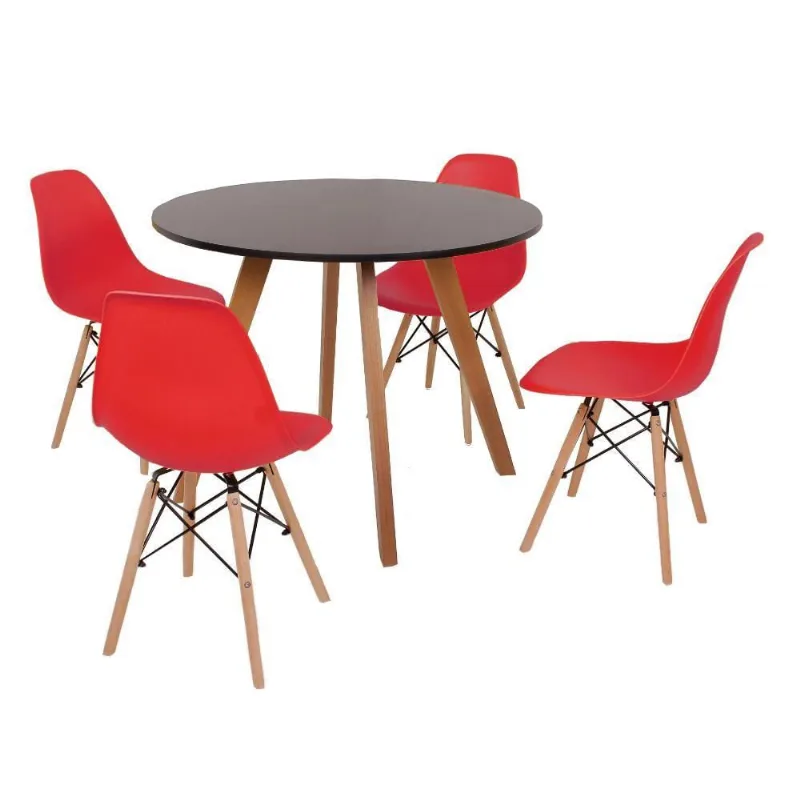 Mesa Inês 100cm Preta com 4 Cadeiras Eames Eiffel Vermelha