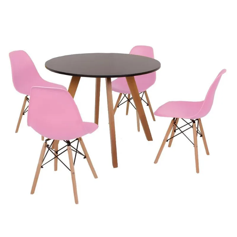 Mesa Inês 100cm Preta 4 Cadeiras Eames Eiffel Rosa