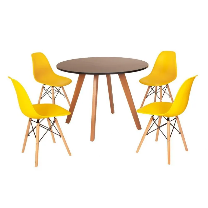 Mesa Inês 100cm Preta + 4 Cadeiras Eames Eiffel Amarela