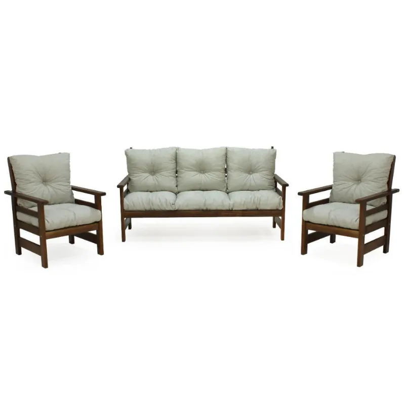 Conjunto Sofá 3 Lugares 2 Poltronas De Madeira Com Almofadas