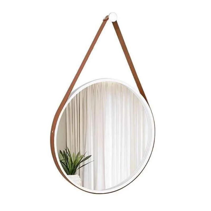 Espelho Decorativo Adnet Branco Alça Corino Caramelo 40Cm