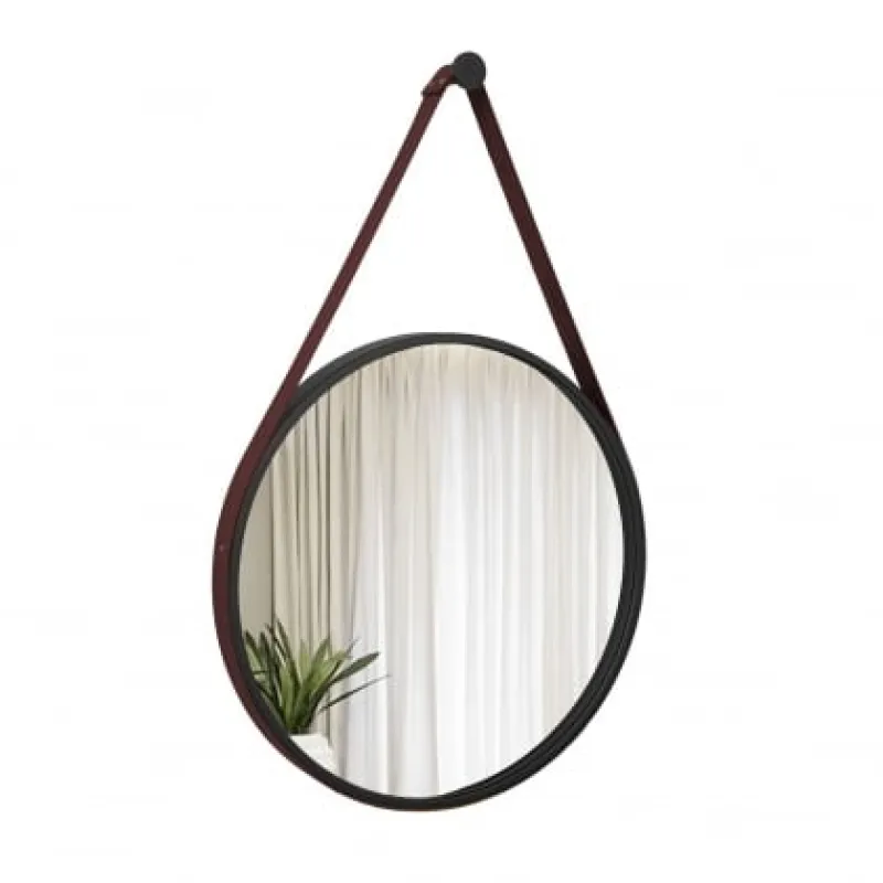 Espelho Decorativo Adnet Preto Alça Corino 50cm Redondo Alça Corino Café