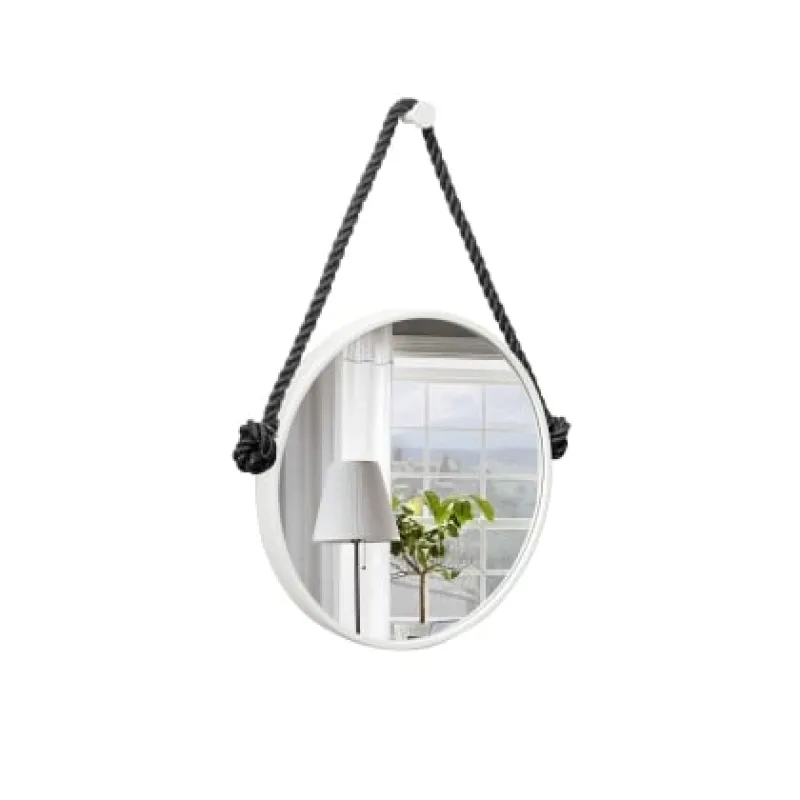 Espelho Decorativo Adnet Branco Alça Sisal 60cm Redondo Preto