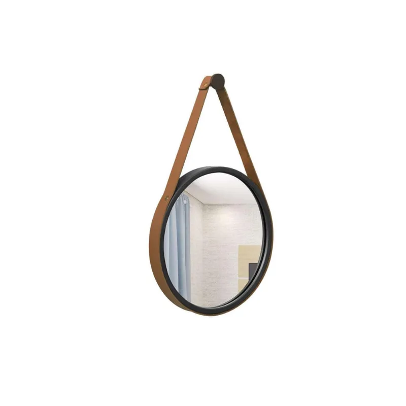 Espelho Decorativo Adnet Preto Alça Corino 30Cm Redondo