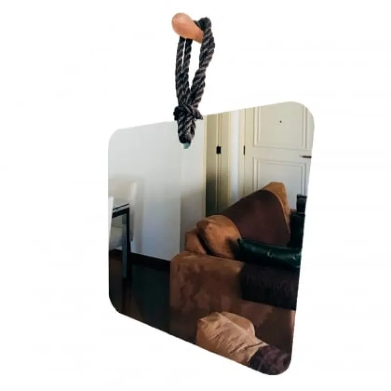 Espelho Decorativo Hole Alça Sisal 40x40cm Quadrado Preto