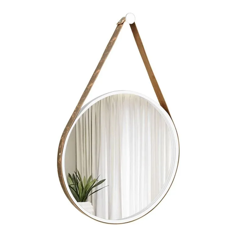 Espelho Decorativo Adnet Branco Alça Courino Rajada 60 Cm Redondo Branco Rajado, 60 cm