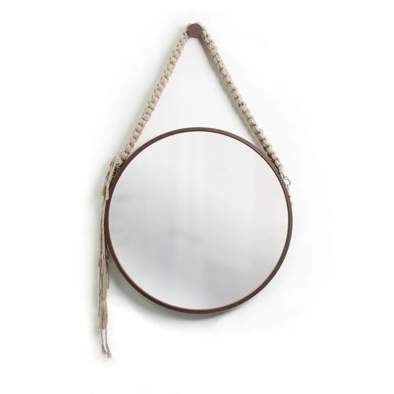 Espelho Decorativo Adnet Marrom Alça Macramê Bege 50cm