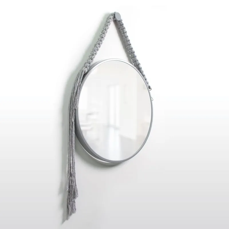 Espelho Decorativo Adnet Cinza Alça Macramê Cinza 50cm