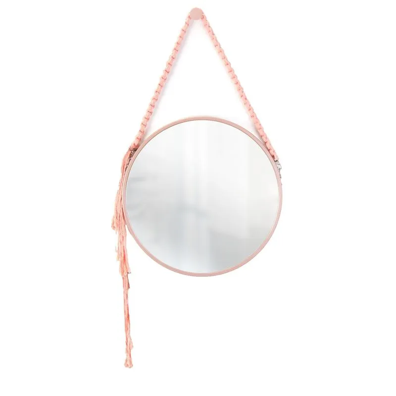 Espelho Decorativo Adnet Rosa Alça Macramê Salmão 30cm