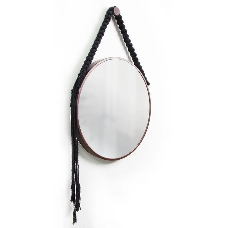 Espelho Decorativo Adnet Marrom Alça Macramê Preta 60cm