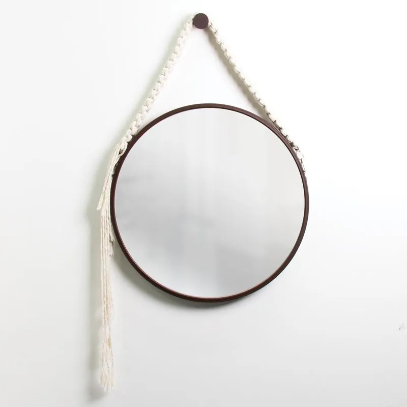 Espelho Decorativo Adnet Marrom Alça Macramê Cru 30cm