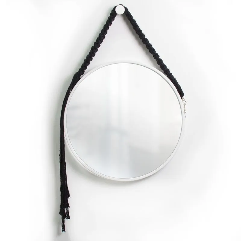 Espelho Decorativo Adnet Branco Alça Macramê Preta 60cm