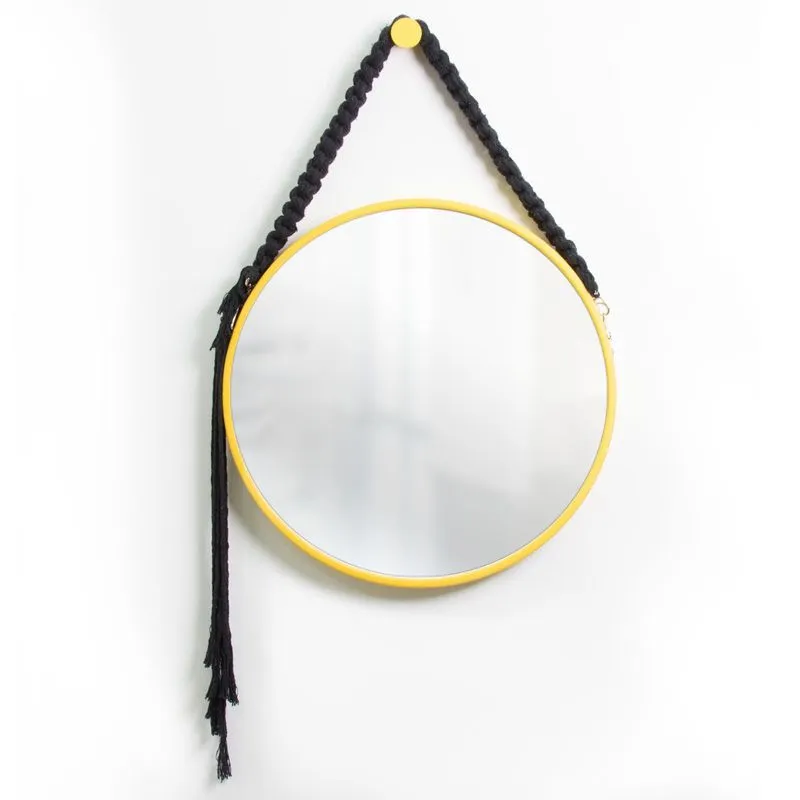 Espelho Decorativo Adnet Amarelo Alça Macramê Preta 60cm
