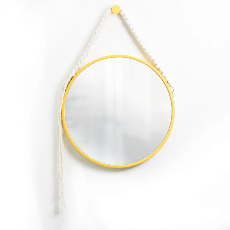 Espelho Decorativo Adnet Amarelo Alça Macramê Cru 60cm