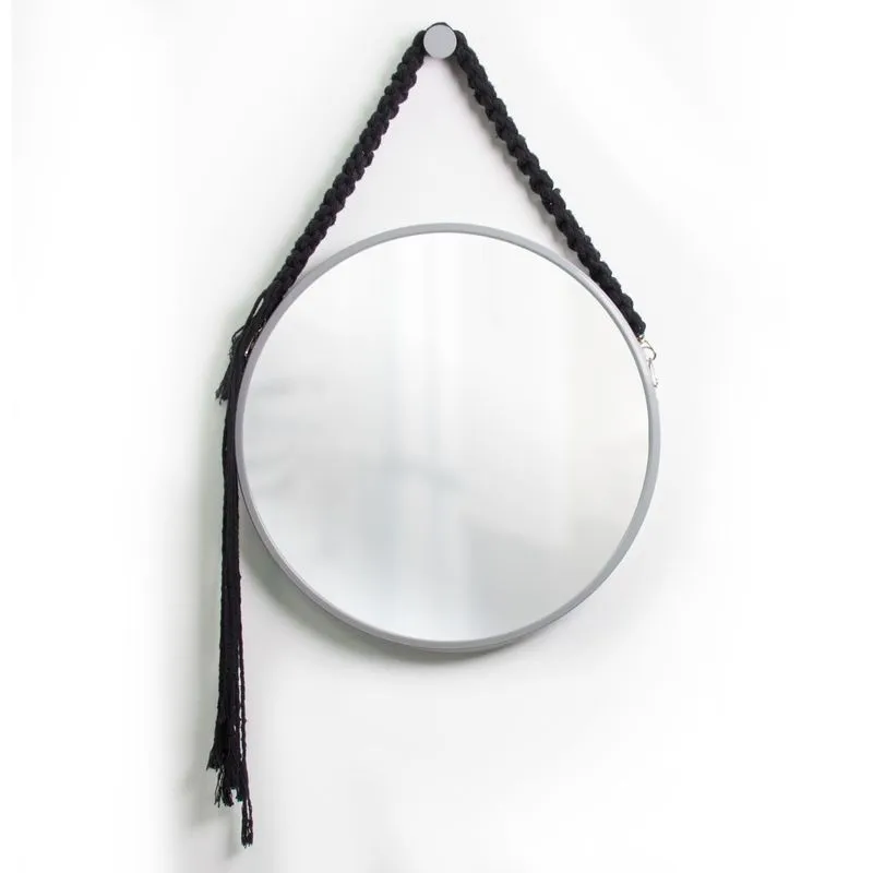 Espelho Decorativo Adnet Cinza Alça Macramê Preta 60cm