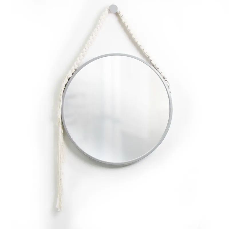 Espelho Decorativo Adnet Cinza Alça Macramê Cru 60cm Redondo