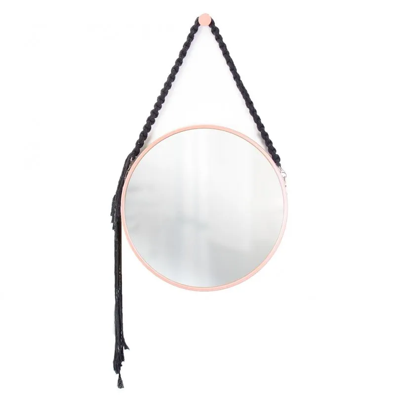 Espelho Decorativo Adnet Rosa Alça Macramê Preta 40cm