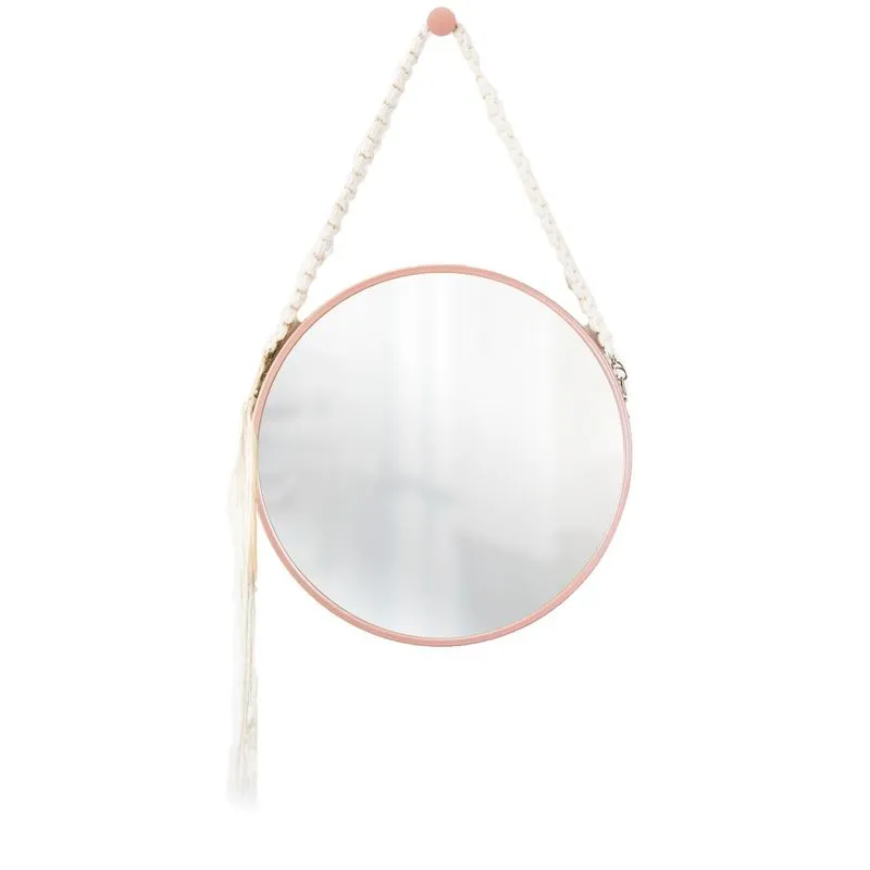 Espelho Decorativo Adnet Rosa Alça Macramê Cru 40cm Redondo