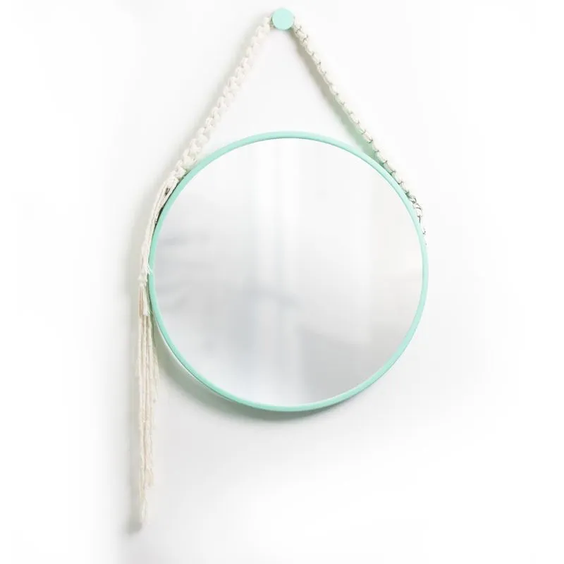 Espelho Decorativo Adnet Verde Alça Macramê Cru 30cm Redondo