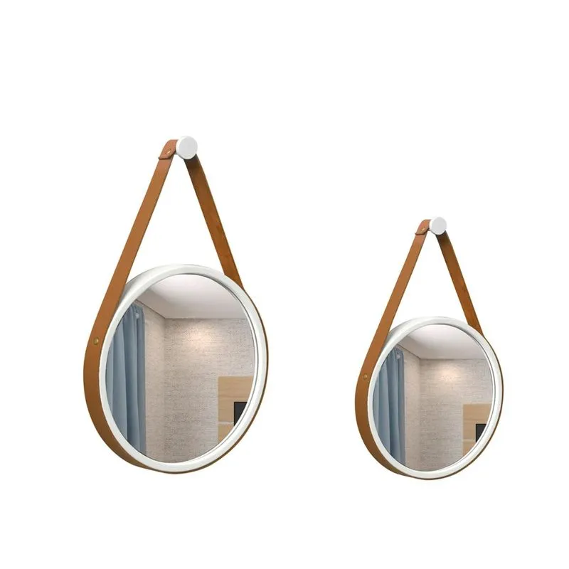 Kit Espelho Decorativo Adnet Branco 20 E 30 Cm Alça Caramelo Redondo
