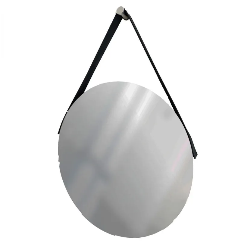 Espelho Decorativo Adnet Vintage Alça Corino Preta 50 Cm