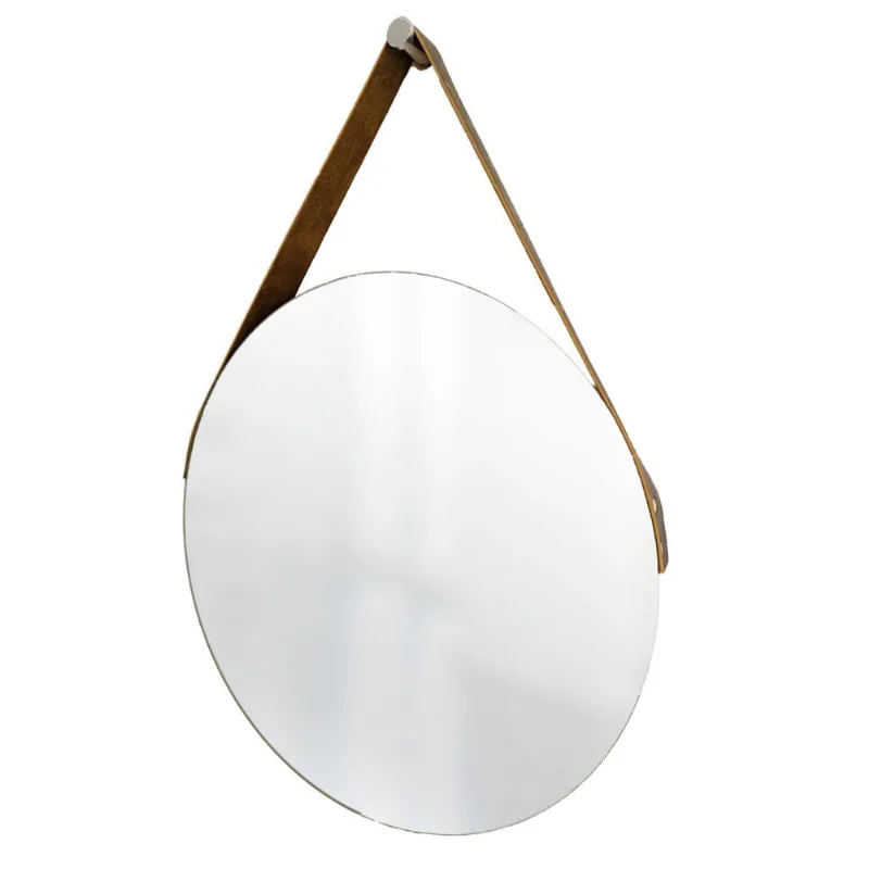 Espelho Decorativo Vintage Alça Corino Rajada 50 Cm Redondo