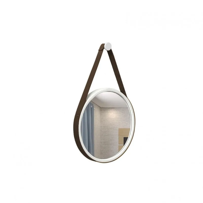 Espelho Decorativo Adnet Branco Alça Corino Café 20Cm