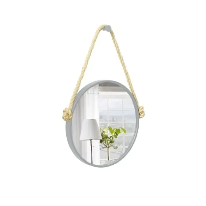 Espelho Decorativo Adnet Cinza Alça Sisal Natural Redondo 20 cm