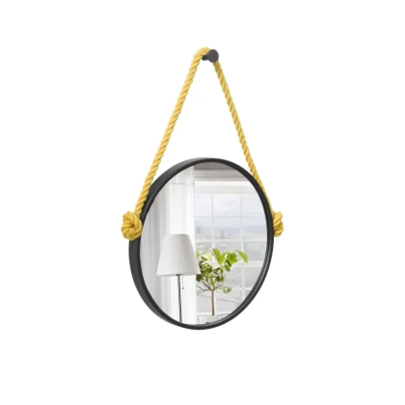 Espelho Decorativo Adnet Preto Alça Sisal 30cm Redondo Amarelo
