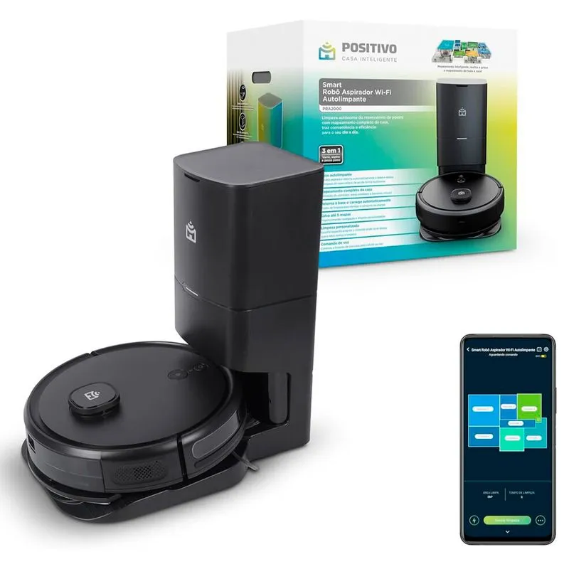 Smart Robô Aspirador Wi-Fi Autolimpante PRA2000 Positivo Casa Inteligente - Aspira/Passa Pano/Volta à base - Mapeamento