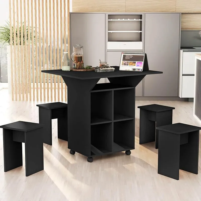 Mesa Aparador Retrátil Basoto Annie com 4 bancos embutidos 100% mdf - Preto