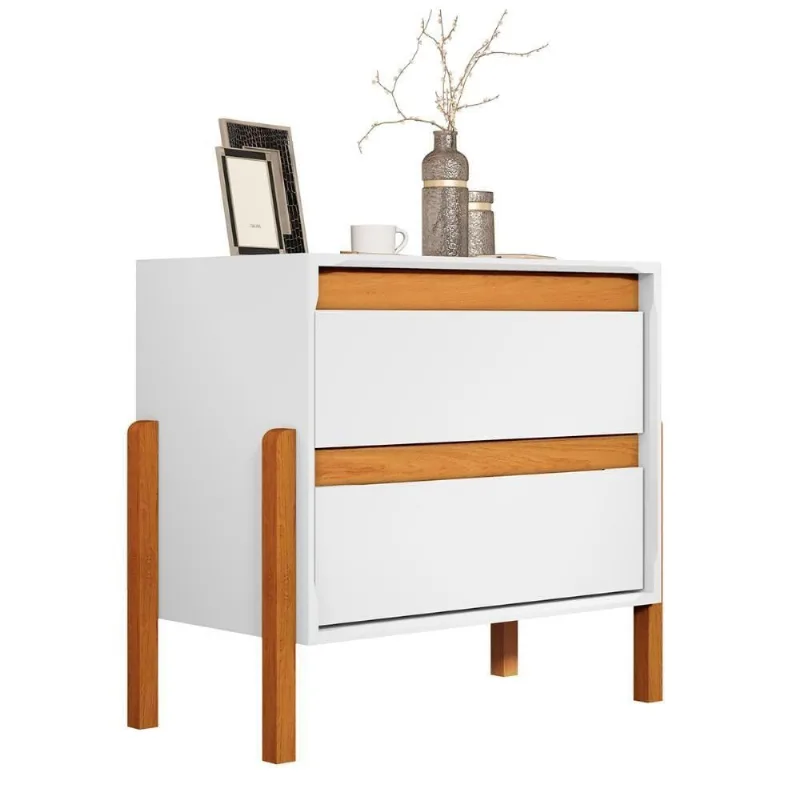 Mesa De Cabeceira Verona Com 2 Gavetas E Pés Madeira Maciça Branco/nature Branco/nature