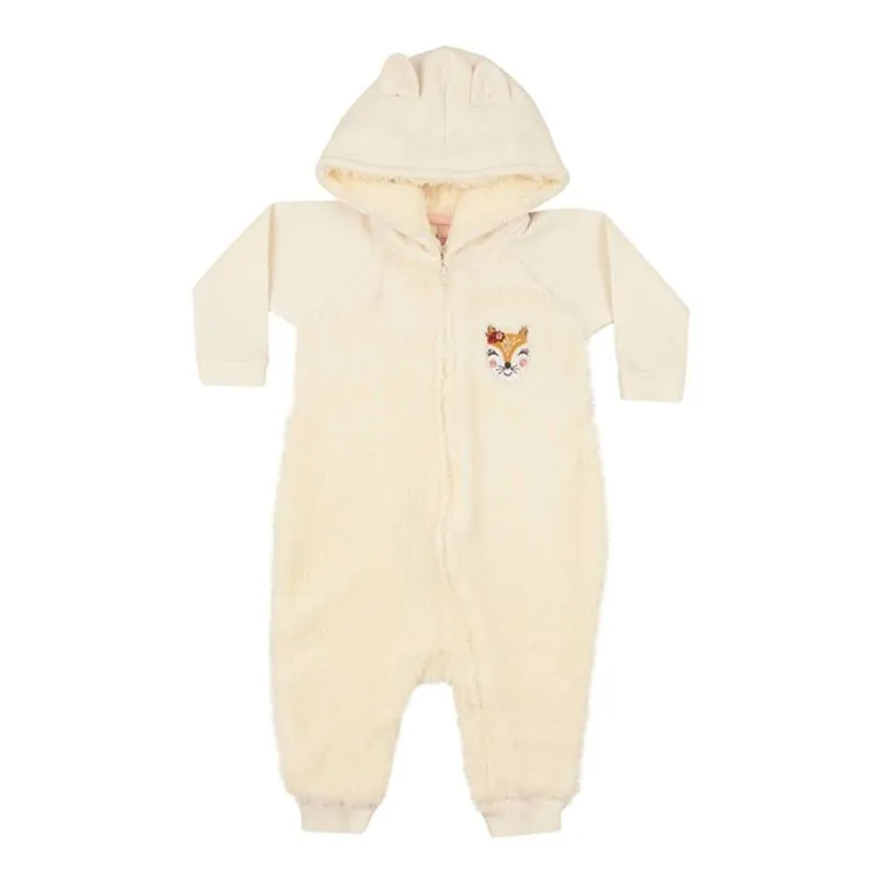 Macacão Bebê Menina Pelúcia Creme
