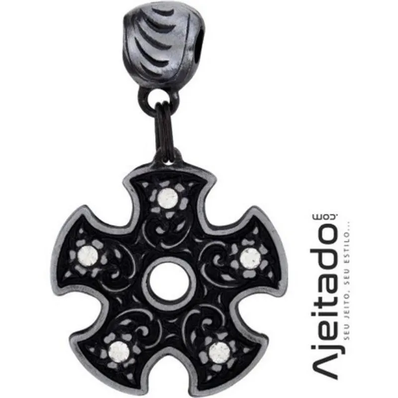 Pingente Roseta Strass - Rock - Moto Clube - Prata Velha - Ac0467jpv