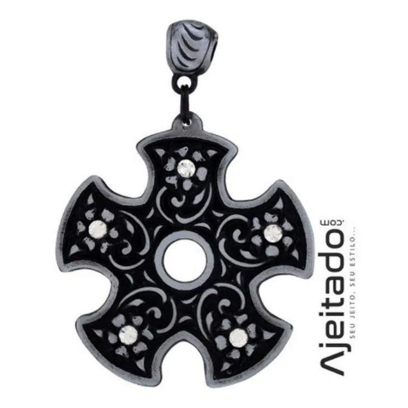 Pingente Roseta Strass - Rock - Moto Clube - Prata Velha - Ac0457jpv