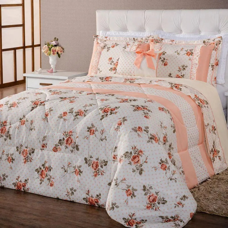 Kit Edredom com Almofada Alice Floral Salmão Queen 7pçs