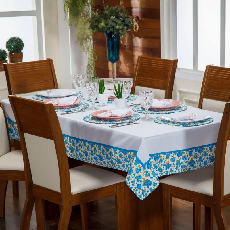 Toalha De Mesa Avulsa Luna Floral Azul para 06 Lugares