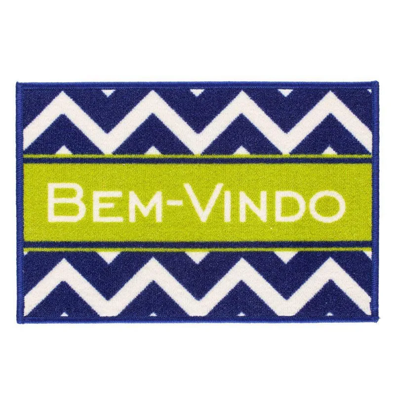 Tapete Retangular Bem Vindo Chevron Azul 60cm X 40cm