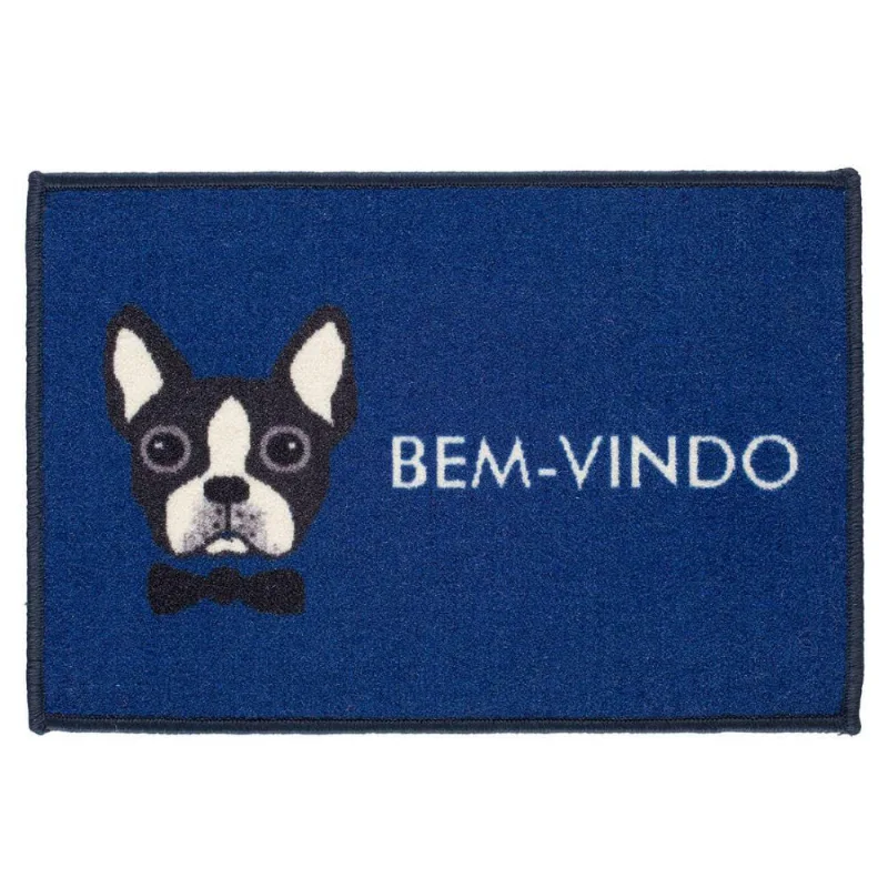 Tapete Retangular Bem Vindo Bulldog Azul 60cm X 40cm