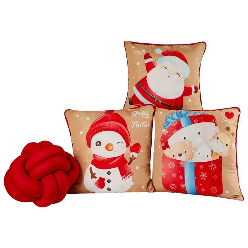 Kit Almofadas Nó Natalina Presente Bege Vermelho 04 Peças