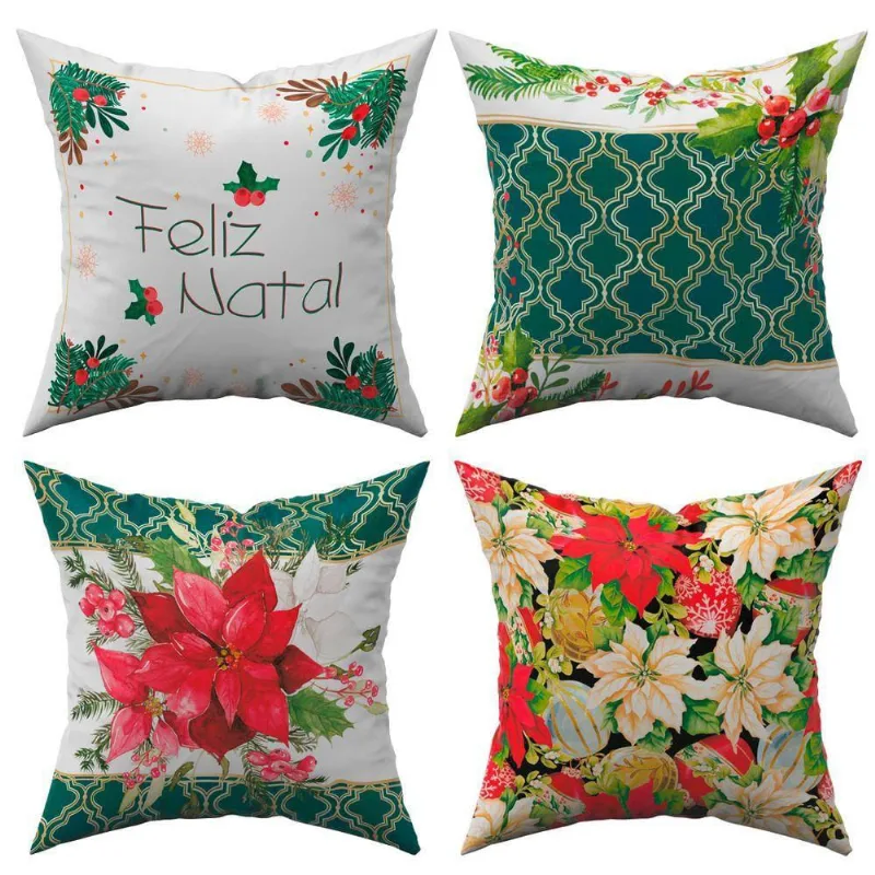 Kit c/ 4 Capas De Almofadas Natalinas Floral 45Cm X 45Cm