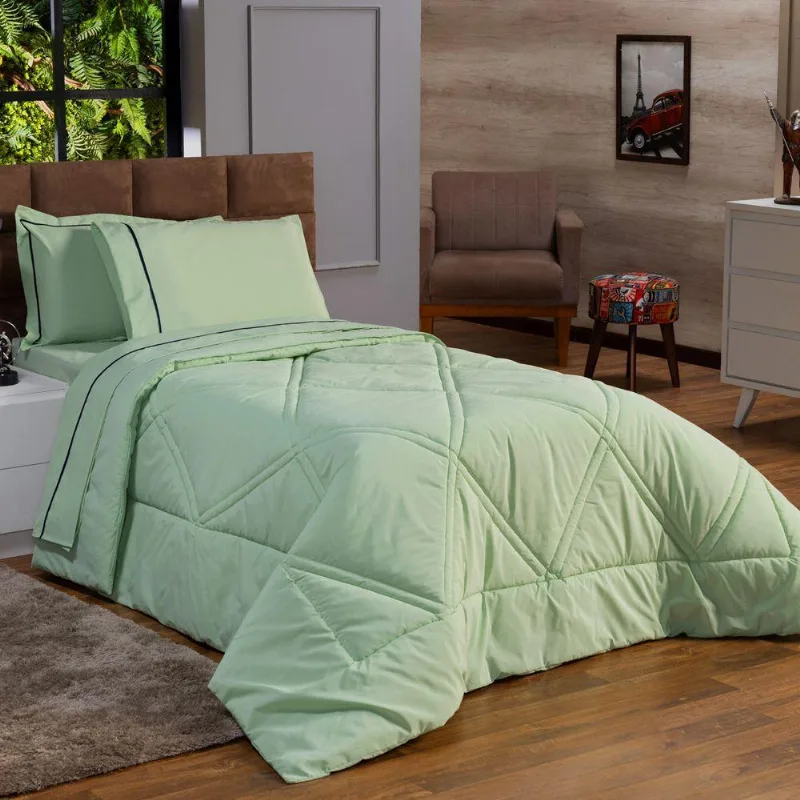 Kit Edredom Liso Milano Dupla Face Solteiro 02 Cor Verde