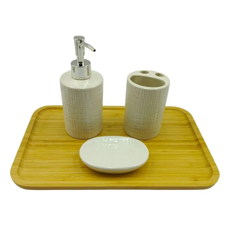 Kit Banheiro Lavabo Cerâmica 3 Peças + Bandeja Bambu