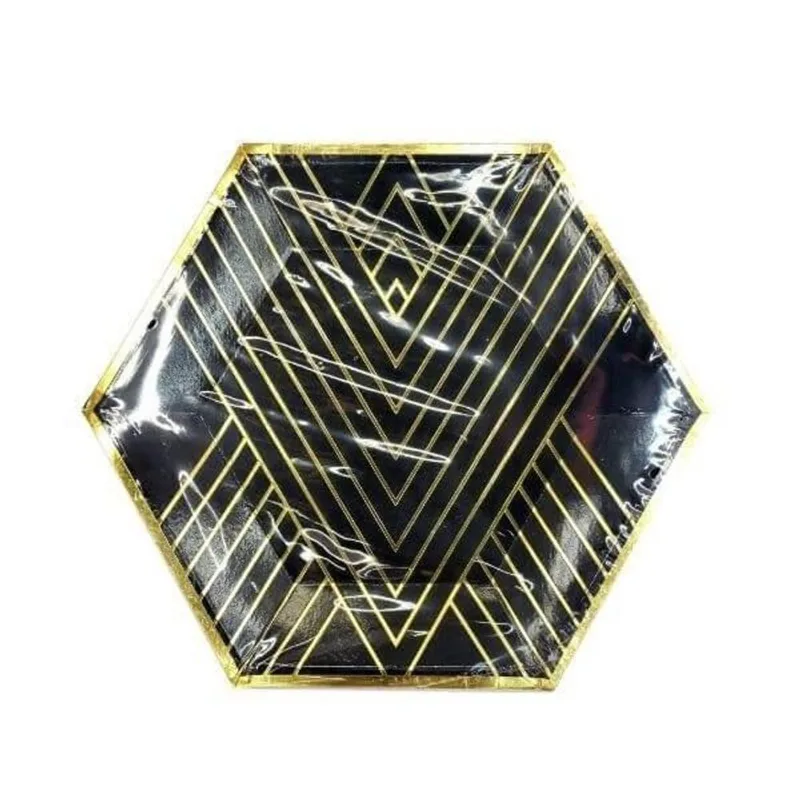 Prato Papel Biodegradável Geometric Black - Pct 10 Unidades